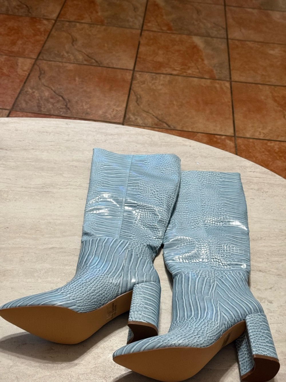 Women’s Light Blue Snakeskin Knee-High Boots